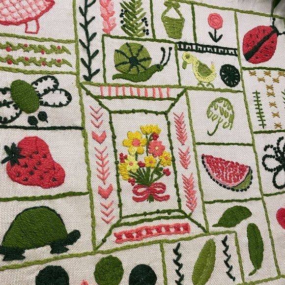 Vintage 1970s Crewel Embroidery Framed Pink Green Whimsical Nature Needlepoint - Picture 3 of 8